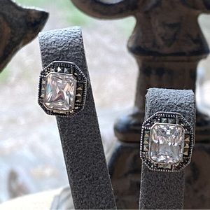 Vintage Judith Jack JJ Sterling Marcasite Earrings Cubic Zirconia Center Pierced
